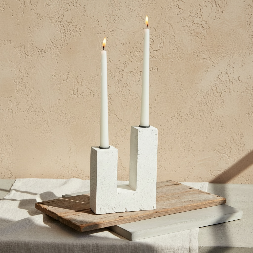 פמוט אבן א-סימטרי כולל זוג נרות ארוכים