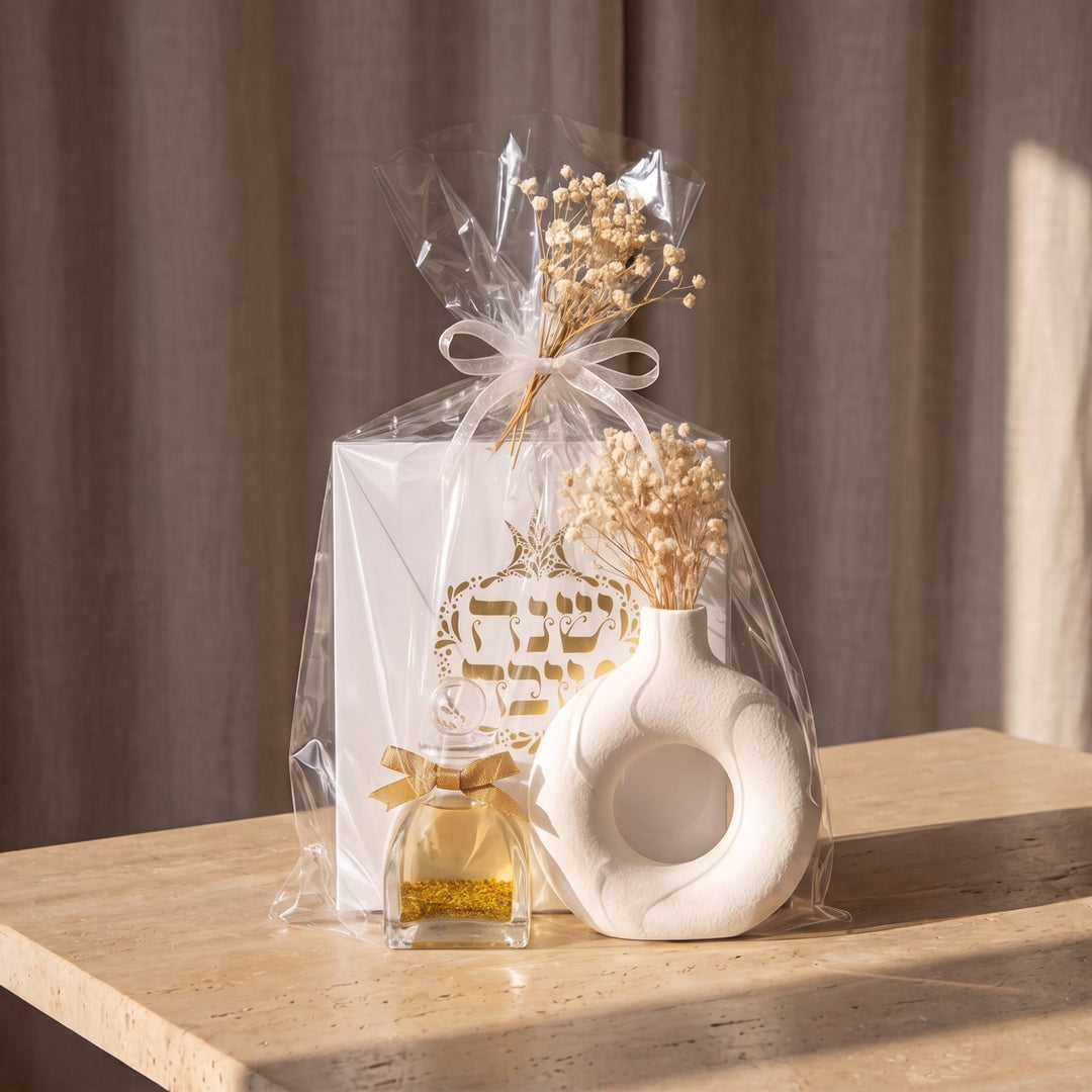 מארז לראש השנה עם ברכון, מפיץ ריח זהב וסט ואזה עם גיבסניות